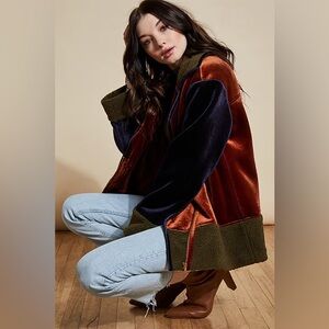 Hutch Eve Moto Velvet Teddy Jacket in Rust and Navy